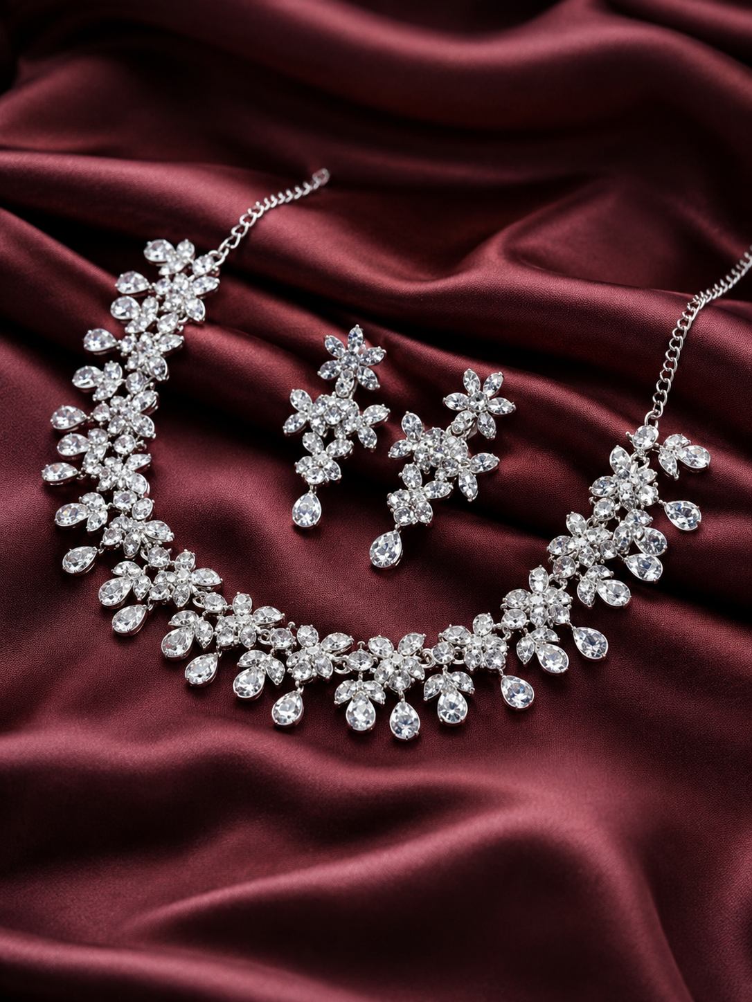 Classy Necklace Set With American Diamond (Silver)